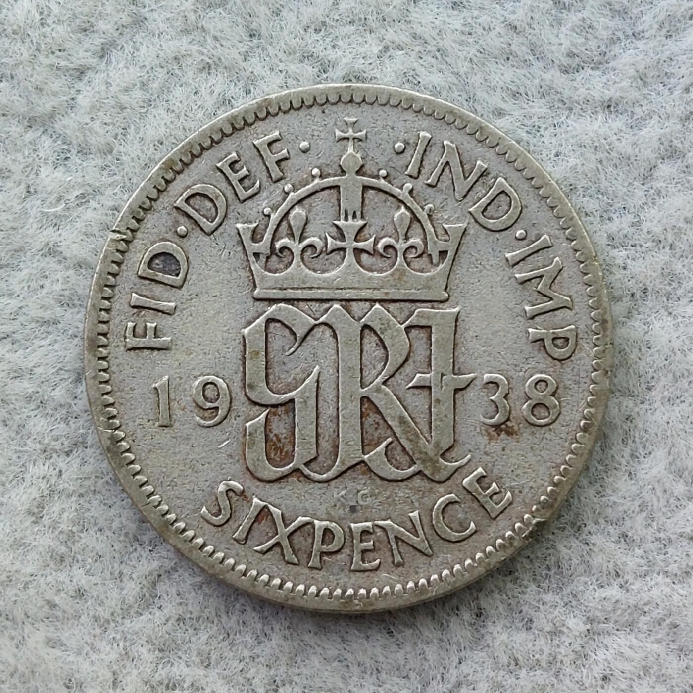 英国1938年乔治六世6便士银币