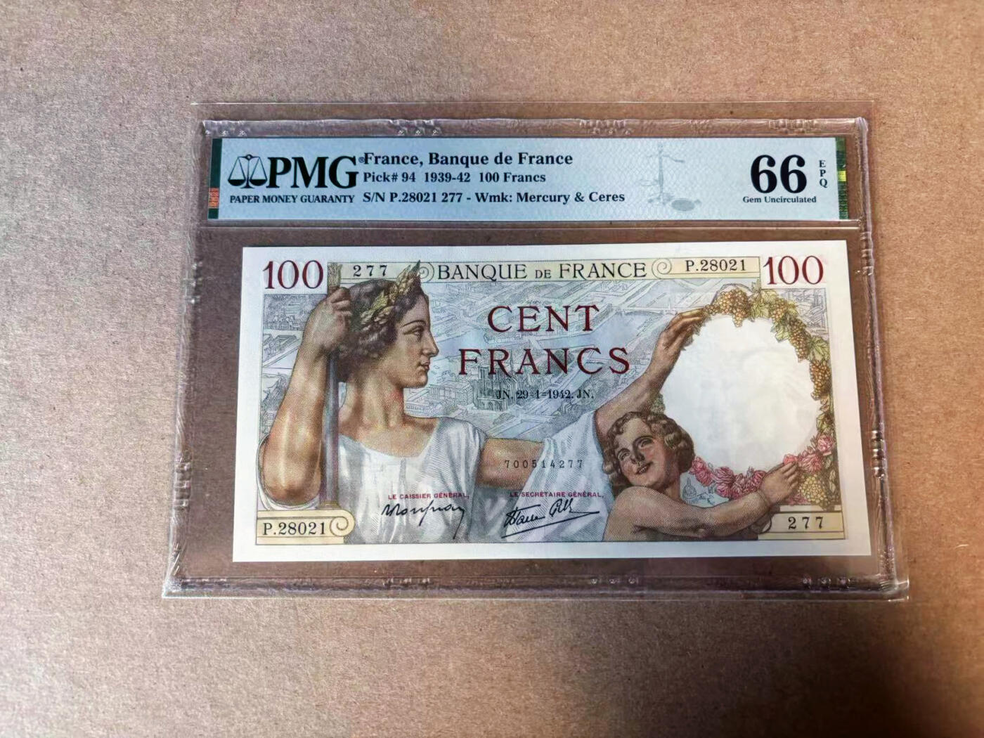 【Blue Auction】✨世界纸币精拍第585期【精】 法国 1942年100法郎 PMG66EPQ 