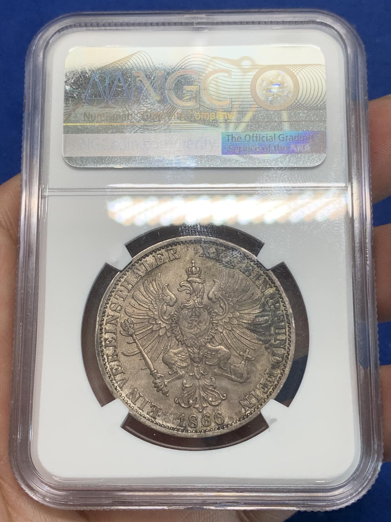 《竞宝斋》第332场 周日，周一 2场连拍 （全场包邮） NGC AUD 德国1866年普鲁士普奥战争胜利纪念流通1泰勒银币 经典品种
