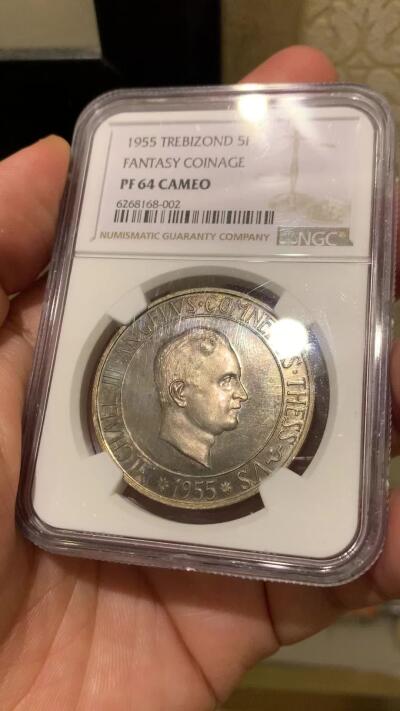 《竞宝斋》第332场 周日，周一 2场连拍 （全场包邮） NGC PF64CAMEO 特拉布宗 1955年 臆造5法郎银币 出自珍惜币目录  发行仅100枚 少见品种