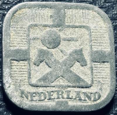 文馨钱币收藏第188 场---189 场截拍后统一发货 - 稀少好品 1941 年二战时期德占荷兰 5 分锌币