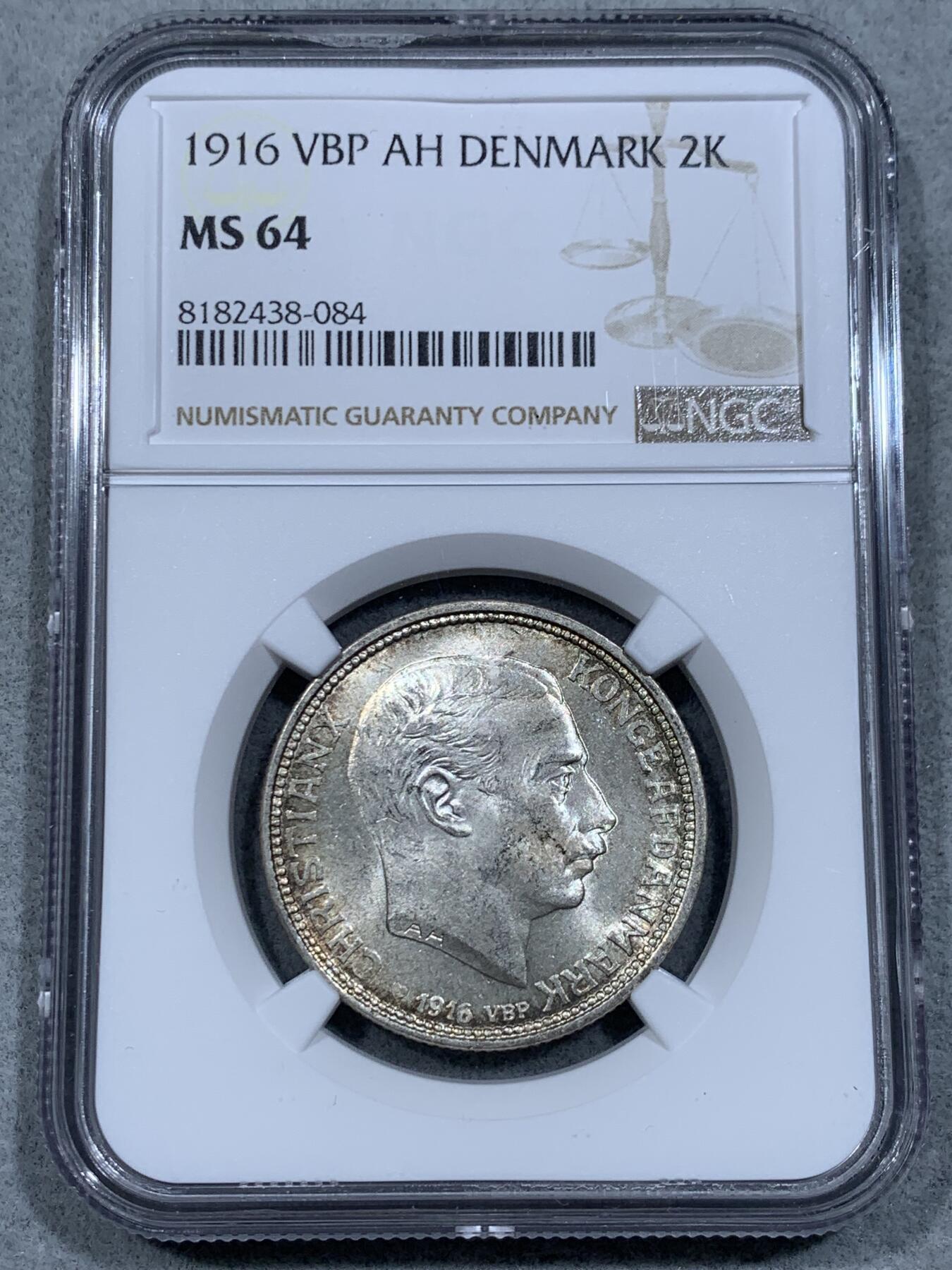 《竞宝斋》第332场 周日，周一 2场连拍 （全场包邮） NGC MS64  丹麦1916年流通版2克朗银币，流通版高分难得一遇，比各种纪念版的2克朗少见太多