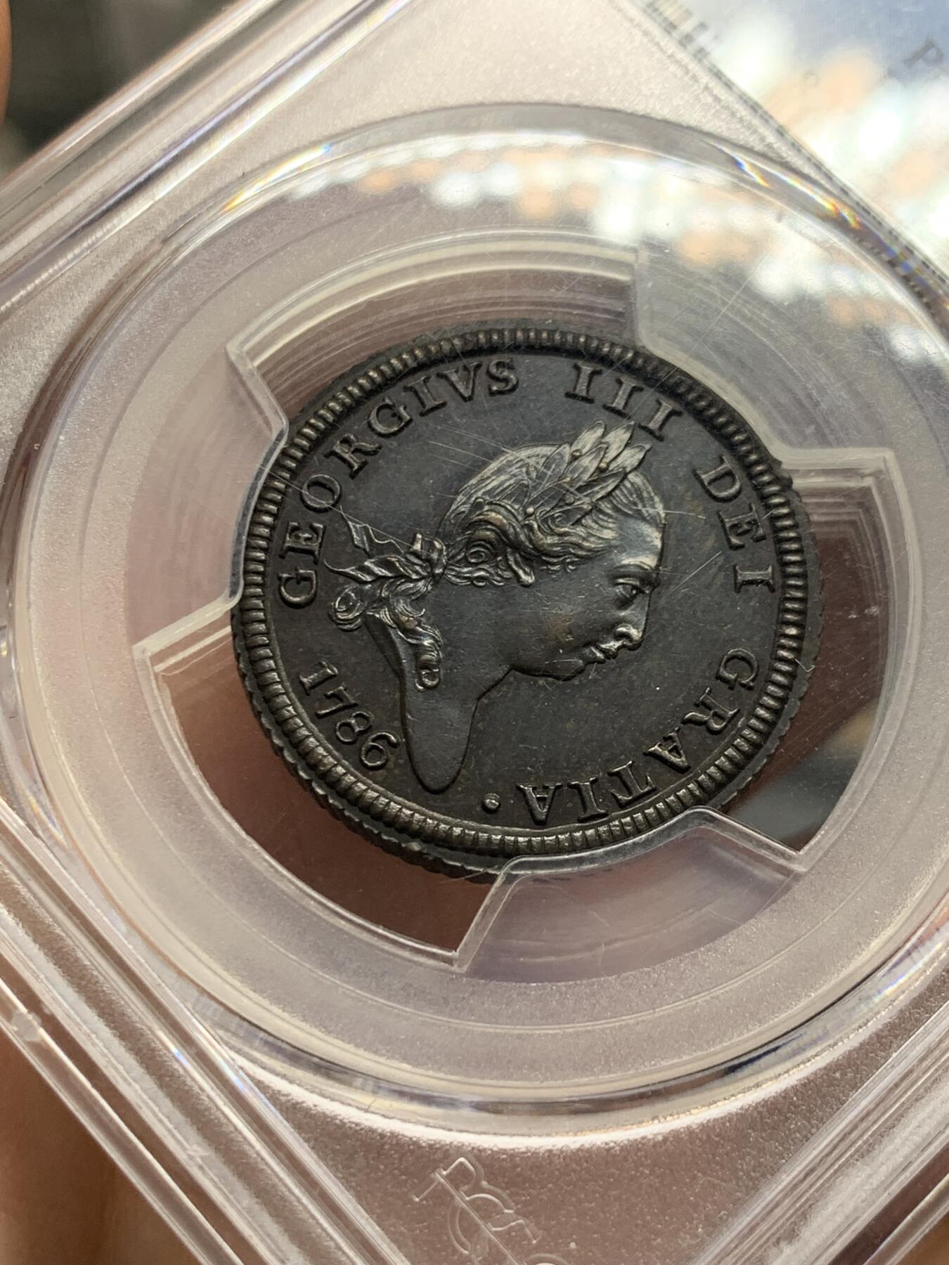 《竞宝斋》第332场 周日，周一 2场连拍 （全场包邮） PCGS PR63BN 马恩岛1786年乔治三世半便士铜币，书价极高