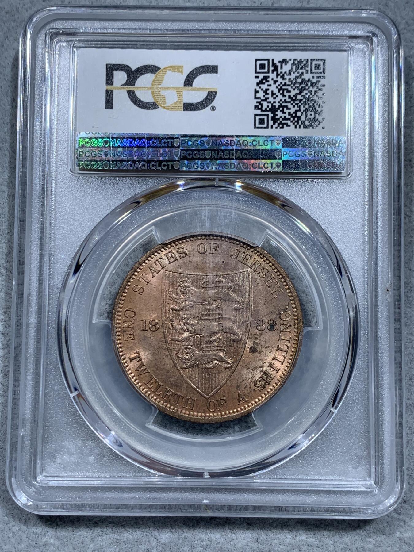 《竞宝斋》第332场 周日，周一 2场连拍 （全场包邮） PCGS MS64RB 冠军分 泽西岛1888年维多利亚女王1/12S大铜币，1/12S=1便士，三狮+中维头像，比本土便士少很多。铜光靓丽，状态出色。