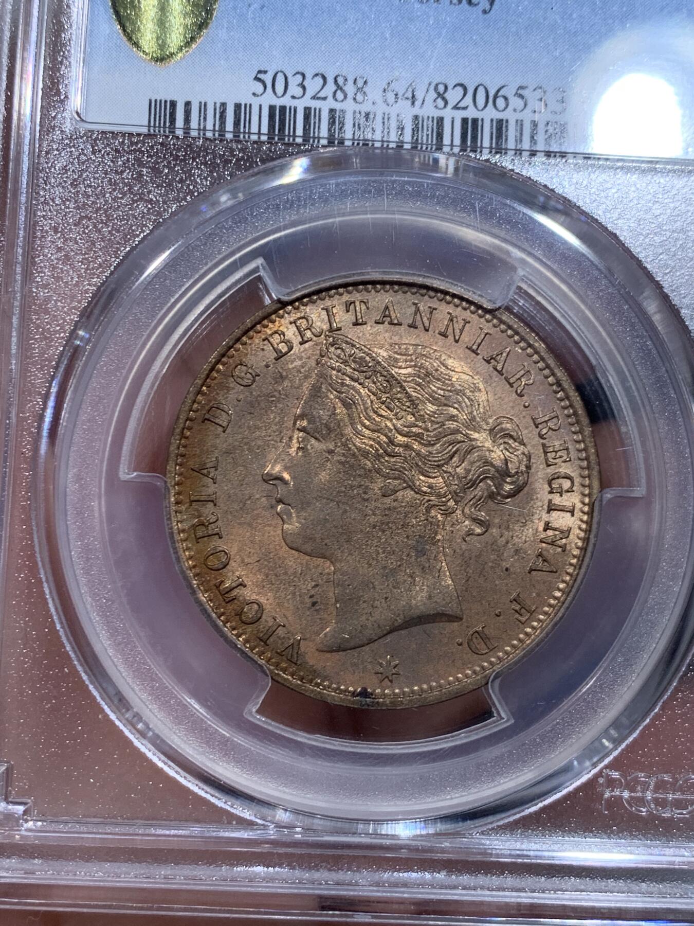 《竞宝斋》第332场 周日，周一 2场连拍 （全场包邮） PCGS MS64RB 冠军分 泽西岛1888年维多利亚女王1/12S大铜币，1/12S=1便士，三狮+中维头像，比本土便士少很多。铜光靓丽，状态出色。