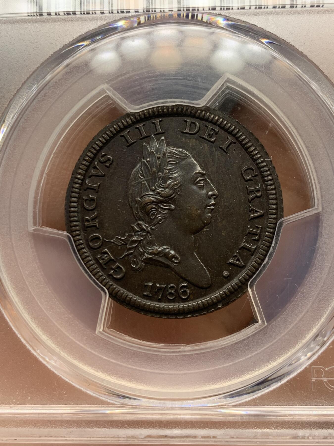 《竞宝斋》第332场 周日，周一 2场连拍 （全场包邮） PCGS PR63BN 马恩岛1786年乔治三世半便士铜币，书价极高