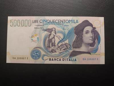 甲辰十一月第五拍 - 【拍品081宇】意大利1997年500000里拉UNC，文艺复兴三杰之一的拉斐尔和他的代表作“雅典学院”，最大面值
