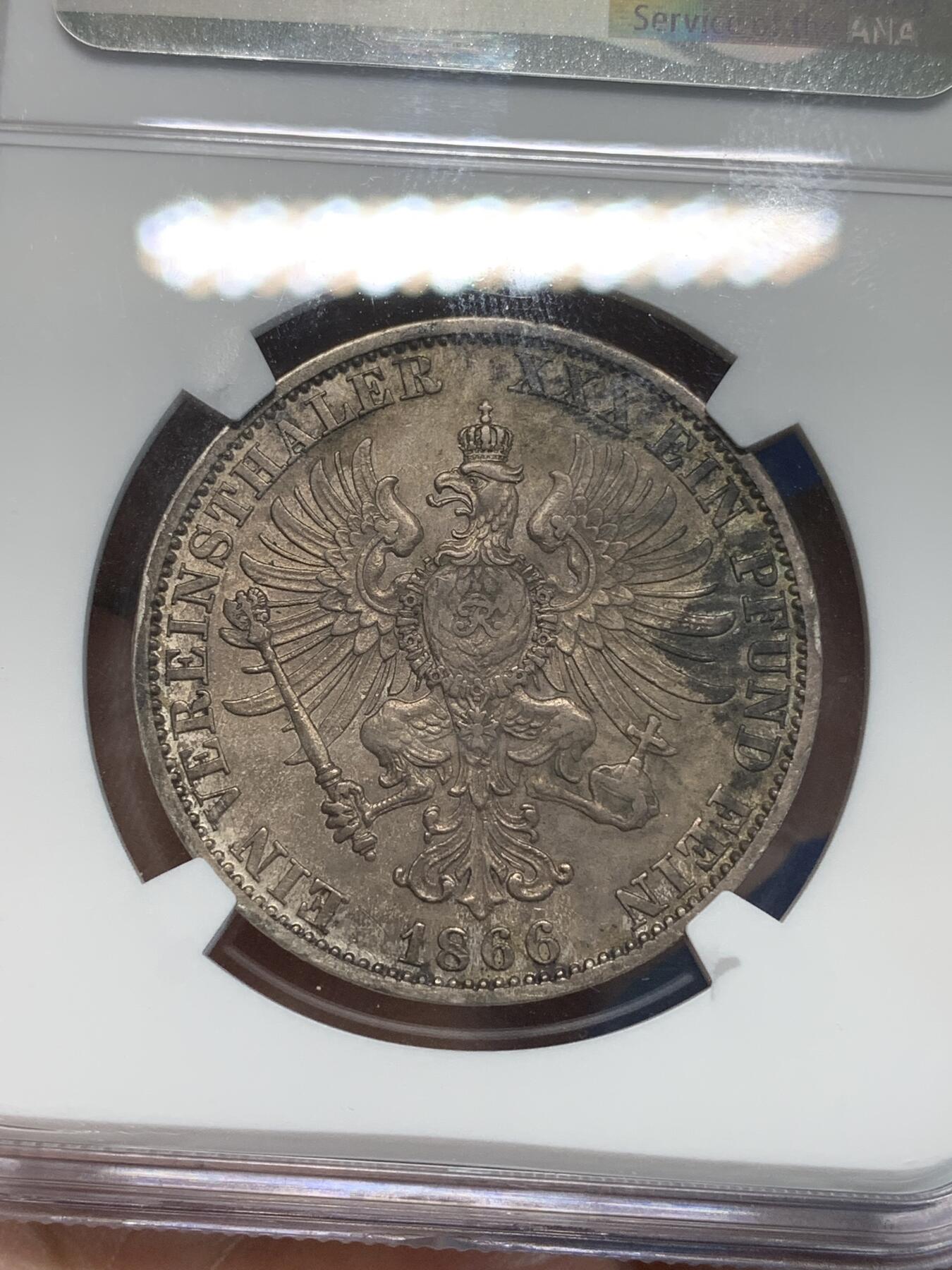《竞宝斋》第332场 周日，周一 2场连拍 （全场包邮） NGC AUD 德国1866年普鲁士普奥战争胜利纪念流通1泰勒银币 经典品种