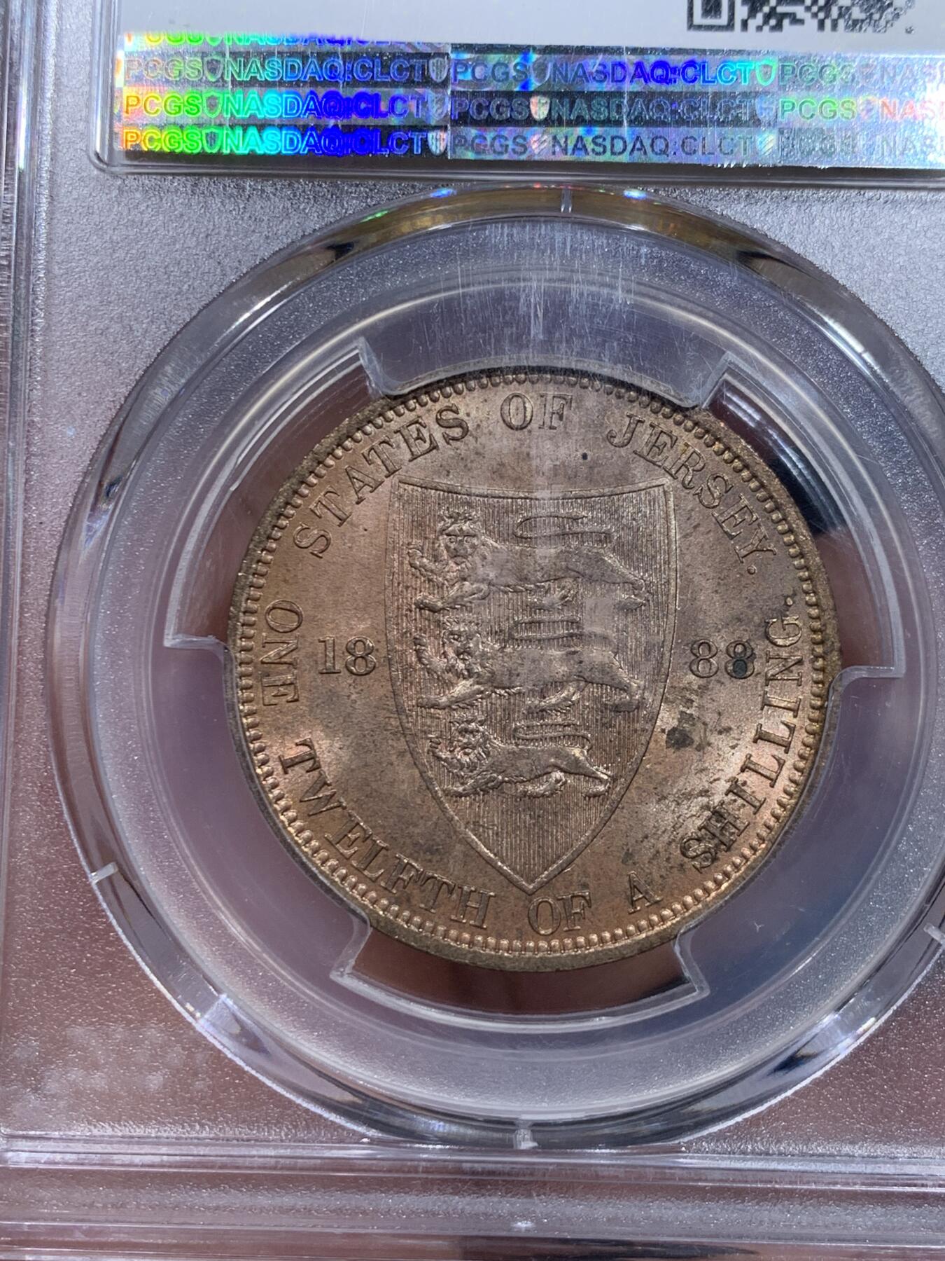 《竞宝斋》第332场 周日，周一 2场连拍 （全场包邮） PCGS MS64RB 冠军分 泽西岛1888年维多利亚女王1/12S大铜币，1/12S=1便士，三狮+中维头像，比本土便士少很多。铜光靓丽，状态出色。