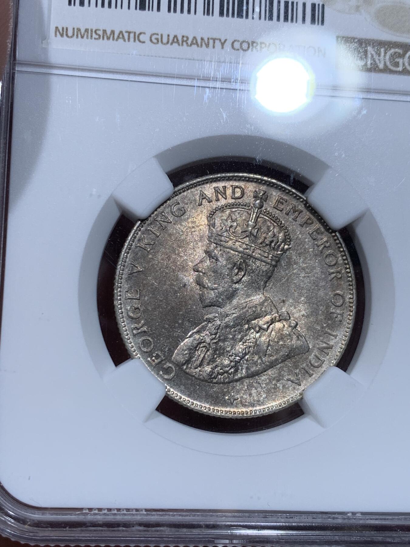 《竞宝斋》第332场 周日，周一 2场连拍 （全场包邮） NGC MS63 英属海峡殖民地1921年乔治五世50分银币 底光不错，原味淡彩包浆，潜力亚殖品种。