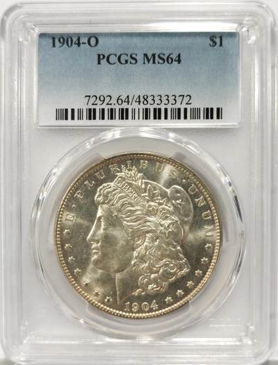 博洋堂世界钱币拍卖第147期（全场包邮） - PCGS MS64 美国1904-O摩根大银币，背面卡槽有一小裂纹