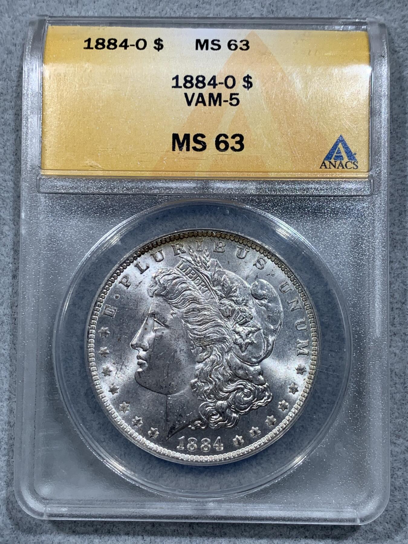 《竞宝斋》第332场 周日，周一 2场连拍 （全场包邮） ANACS MS63 美国摩根银币 1884年小版别 VAM-5