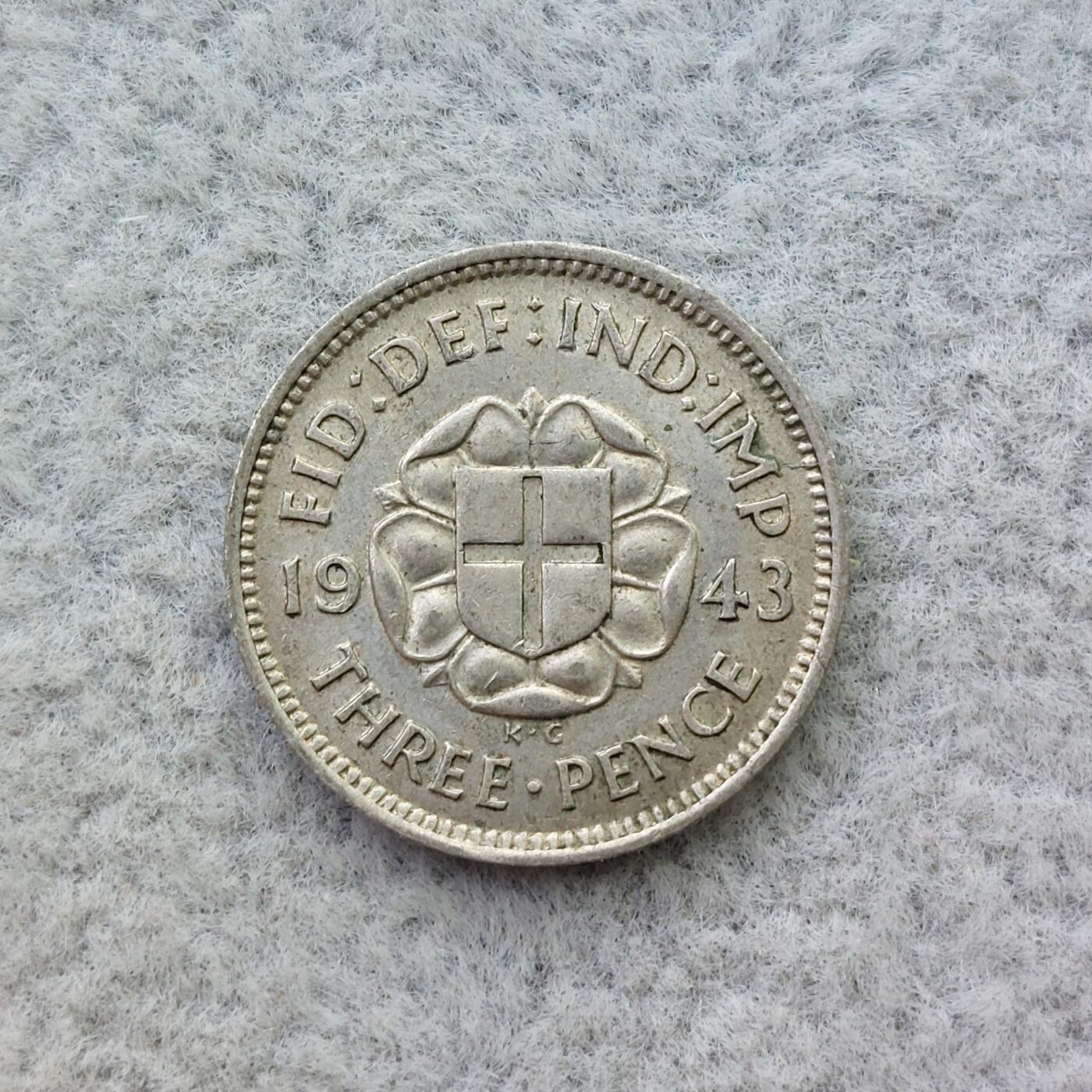 英国1943年乔治六世3便士银币