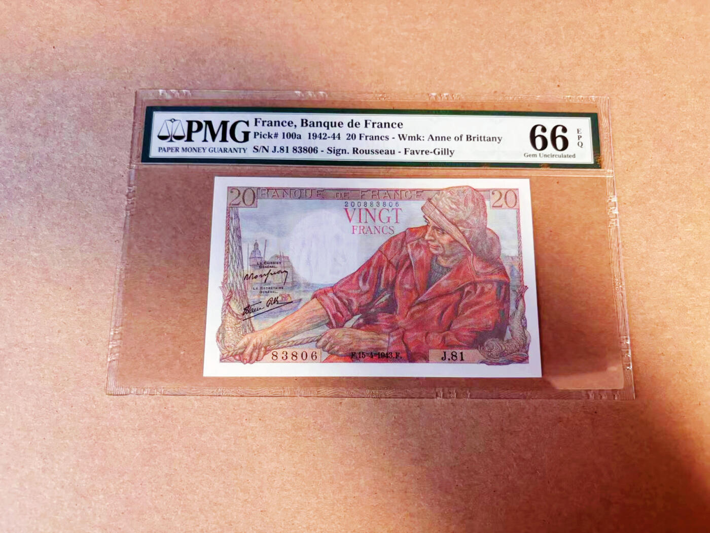 【Blue Auction】✨世界纸币精拍第586期【精】 【无47】法国 1943年20法郎 PMG66EPQ 