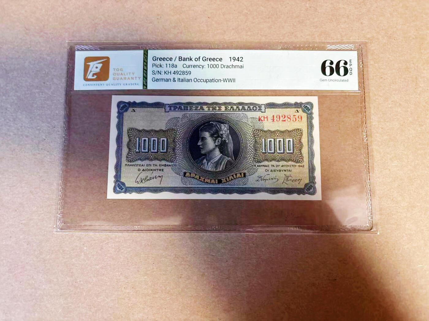 【Blue Auction】✨世界纸币精拍第586期【精】 希腊 1942年1000德拉科马  TQG66EPQ 