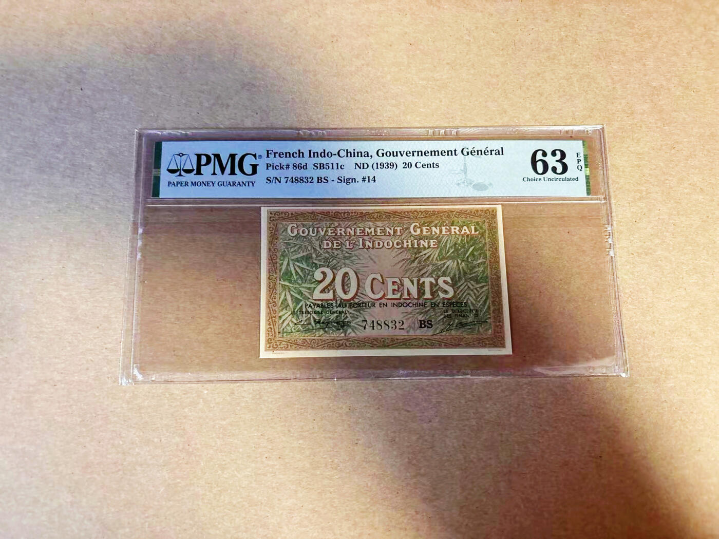 【Blue Auction】✨世界纸币精拍第586期【精】 法属印支 1939年20分 PMG63EPQ 