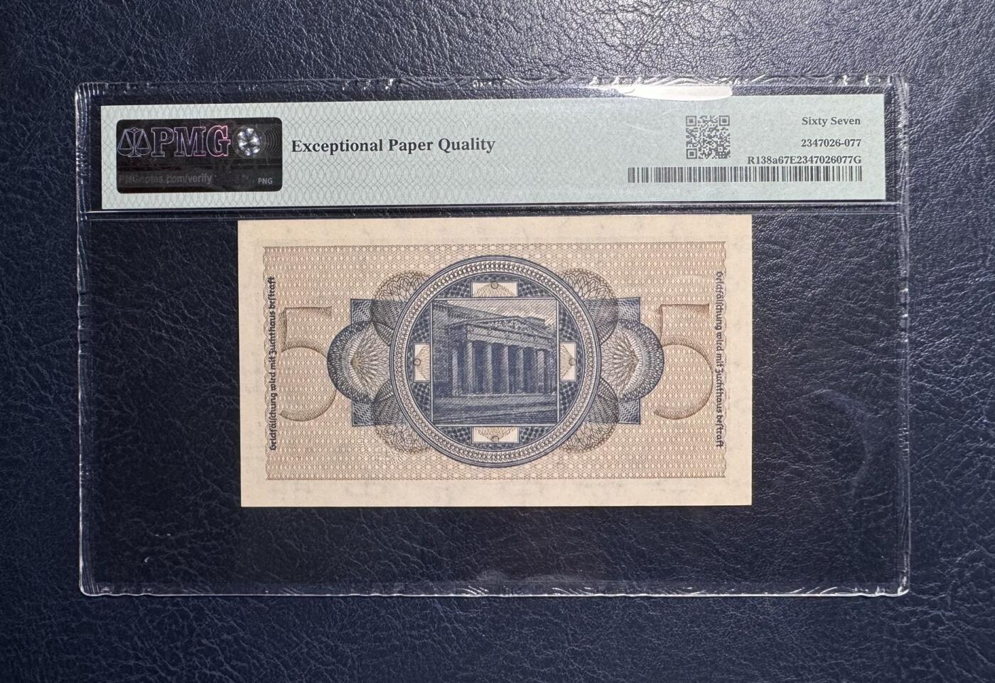 收藏联盟Quantum Auction 第395期拍卖  德国1940-45年5马克 PMG67 号码无47