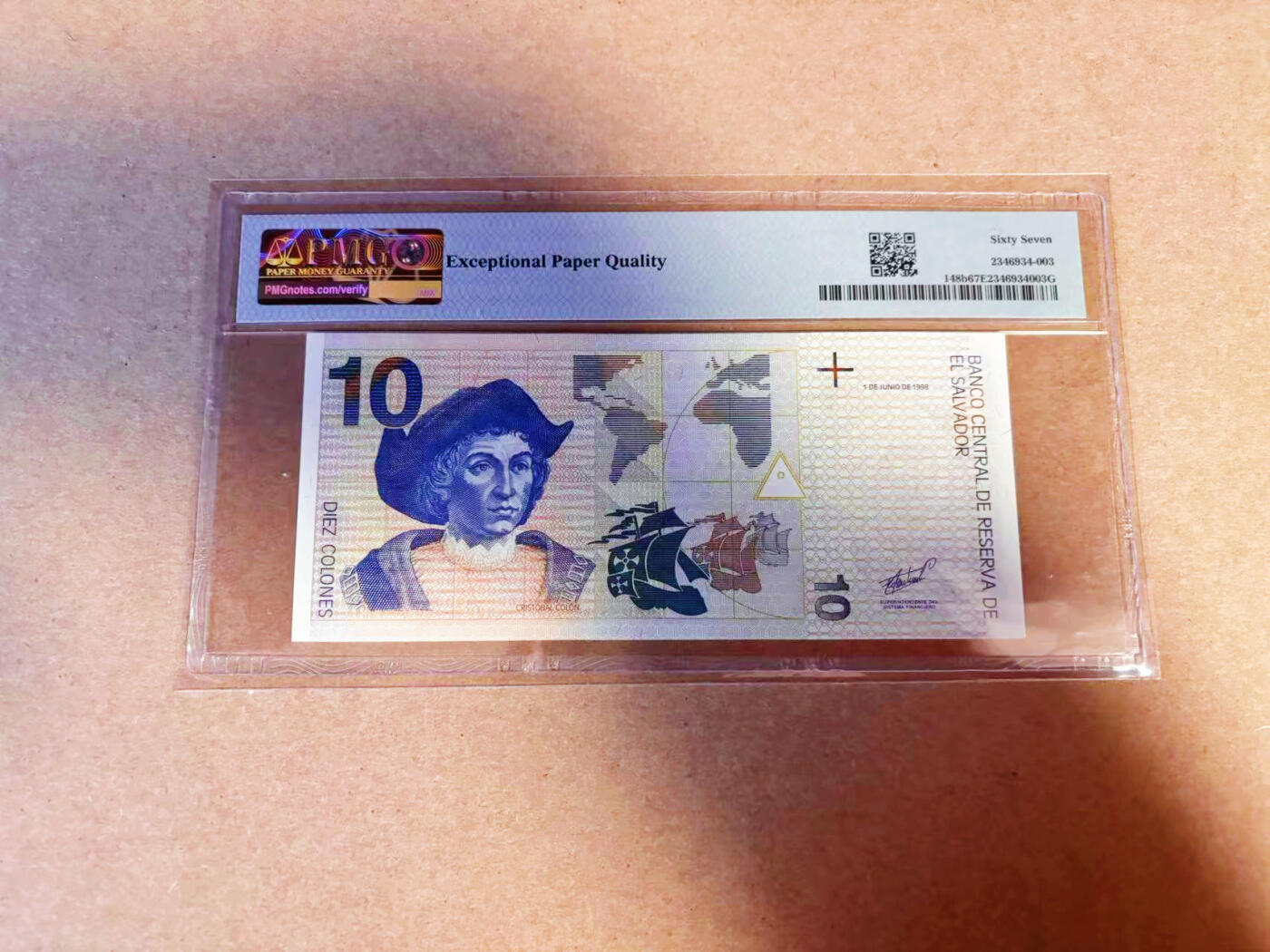 【Blue Auction】✨世界纸币精拍第586期【精】 萨尔瓦多 1998年10克朗 PMG67EPQ 高分