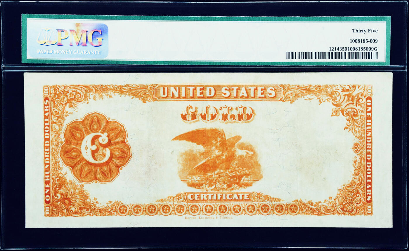 【Blue Auction】✨世界纸币精拍第586期【精】  【评级量远少于1922版 老壳无47无背标状态佳值得收藏】美国 1882年100美元黄金券 纹饰精美 PMG35备受欢迎的品种 当时可兑换如图5枚双鹰金币 回收较彻底（早期签名30分22年曾拍过75万美金）正面人物本顿（1782-1858年），美国政治领袖。在1812年战争期间，他是安德鲁·杰克逊将军麾下的一名上校。他曾因反对使用纸币和主张使用硬币，被称为“老金条先生”。