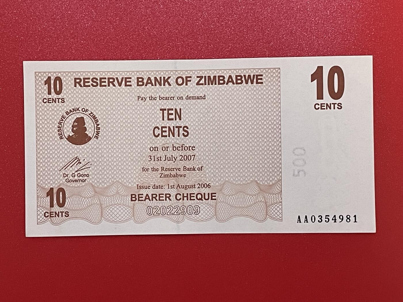 外国纸币专场241228第二十五场 《错版水印》津巴布韦🇿🇼10分纸币，稀少版，采用了500元的水印，全新品相UNC。