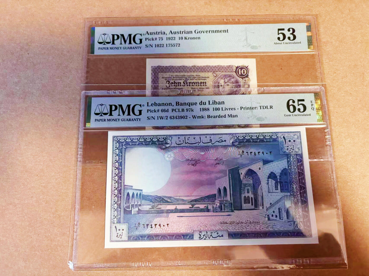 【Blue Auction】✨世界纸币精拍第586期【精】 【一组2张】黎巴嫩 1988年100里弗 PMG65EPQ&奥地利 1922年10克朗 PMG53