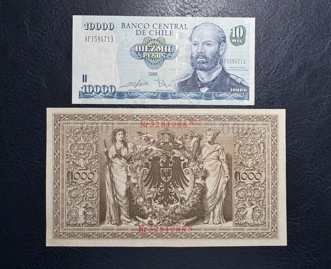收藏联盟Quantum Auction 第395期拍卖  智利2008年10000比索和德国1910年1000马克 品相UNC 瑕疵细节如图
