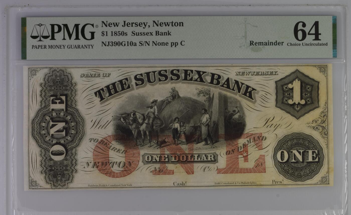 收藏联盟Quantum Auction 第395期拍卖  新泽西州1850s年1元 PMG64