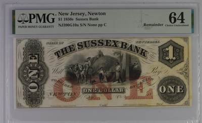 收藏联盟Quantum Auction 第395期拍卖  - 新泽西州1850s年1元 PMG64
