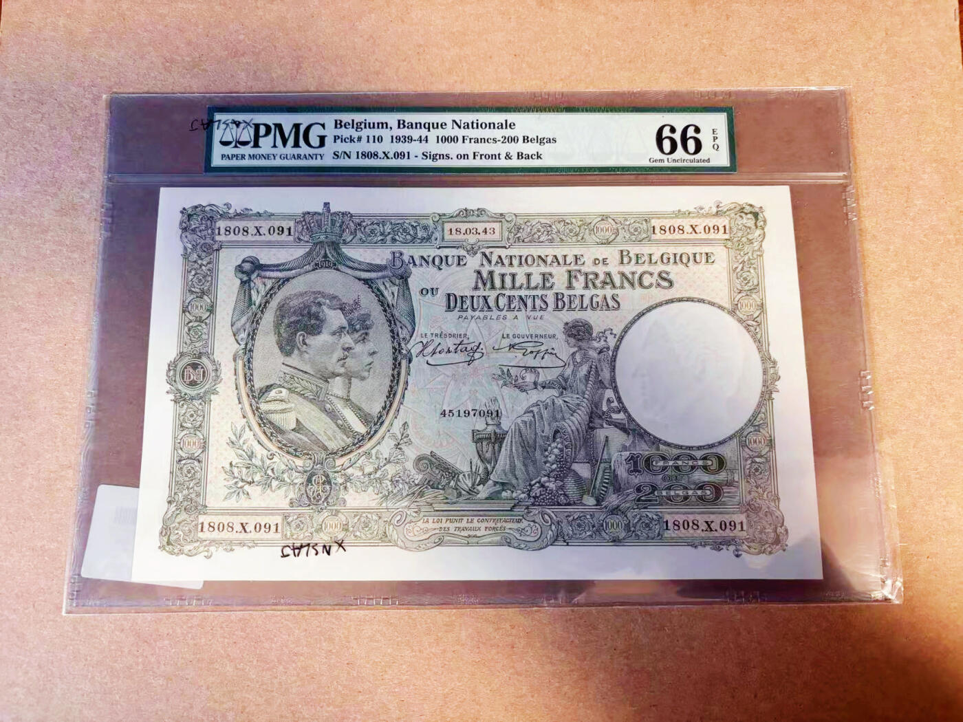 【Blue Auction】✨世界纸币精拍第586期【精】 【倒置号】比利时 1943年1000法郎 超大票幅 PMG66EPQ 