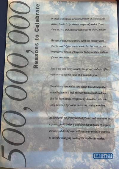 《卡拍》第314期拍卖12月1日晚22：10时延时截拍 比利时、英国、葡萄牙、瑞士、以色列、奥地利、泰国、中国台湾等八个国家地区联合发行《祝贺兰吉尔公司光学电话卡生产5亿枚》八全新卡带册，未流通品相。珍罕，有底价起拍。