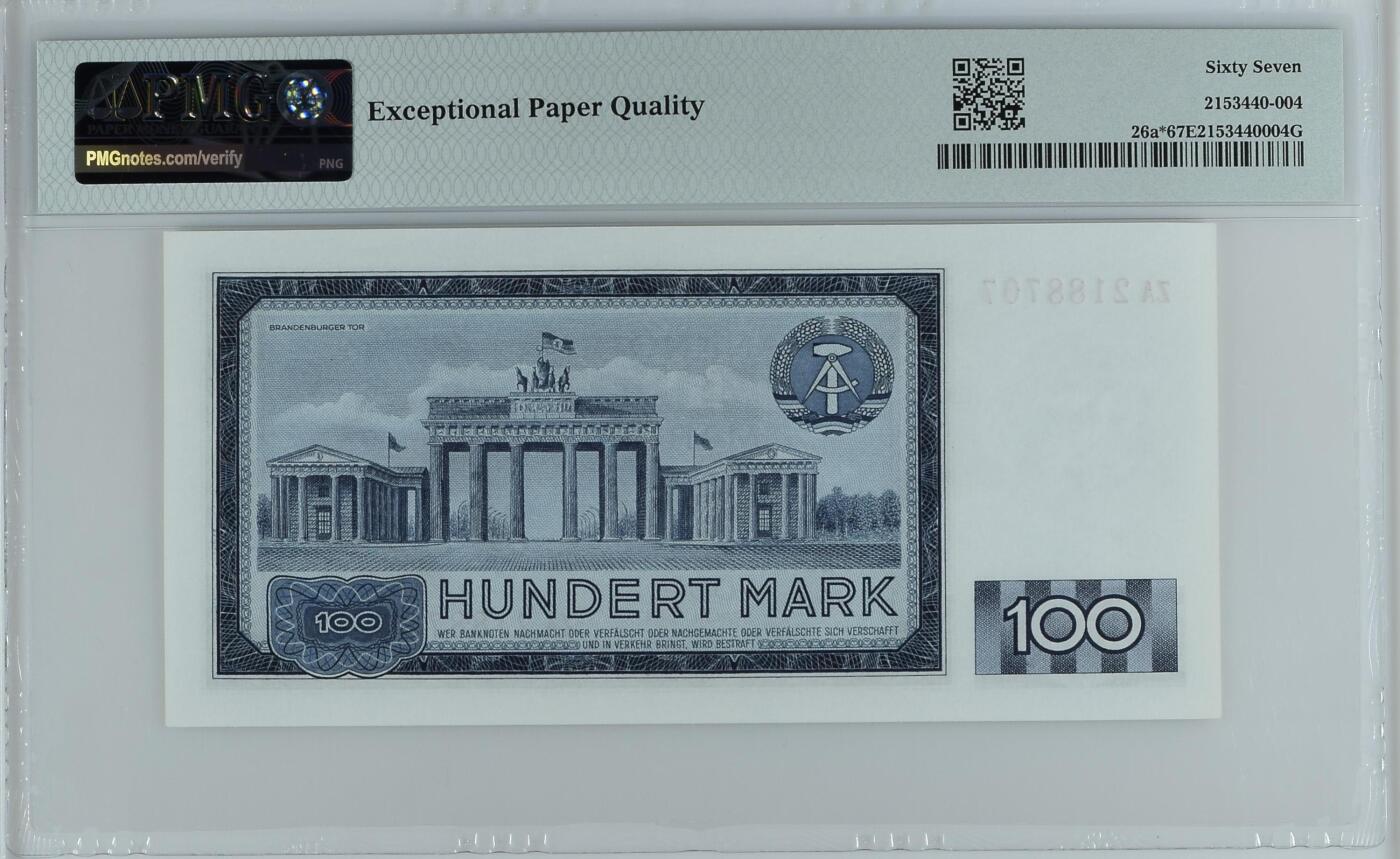 收藏联盟Quantum Auction 第395期拍卖  民主德国1964年100马克补号 PMG67 号码无4  勃兰登堡门