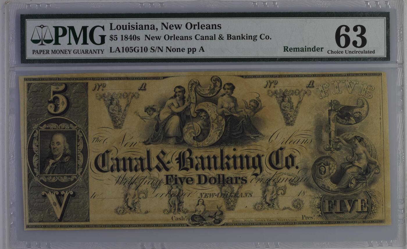 收藏联盟Quantum Auction 第395期拍卖  路易斯安那州新奥尔良1840年5元 PMG63