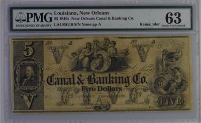 收藏联盟Quantum Auction 第395期拍卖  - 路易斯安那州新奥尔良1840年5元 PMG63
