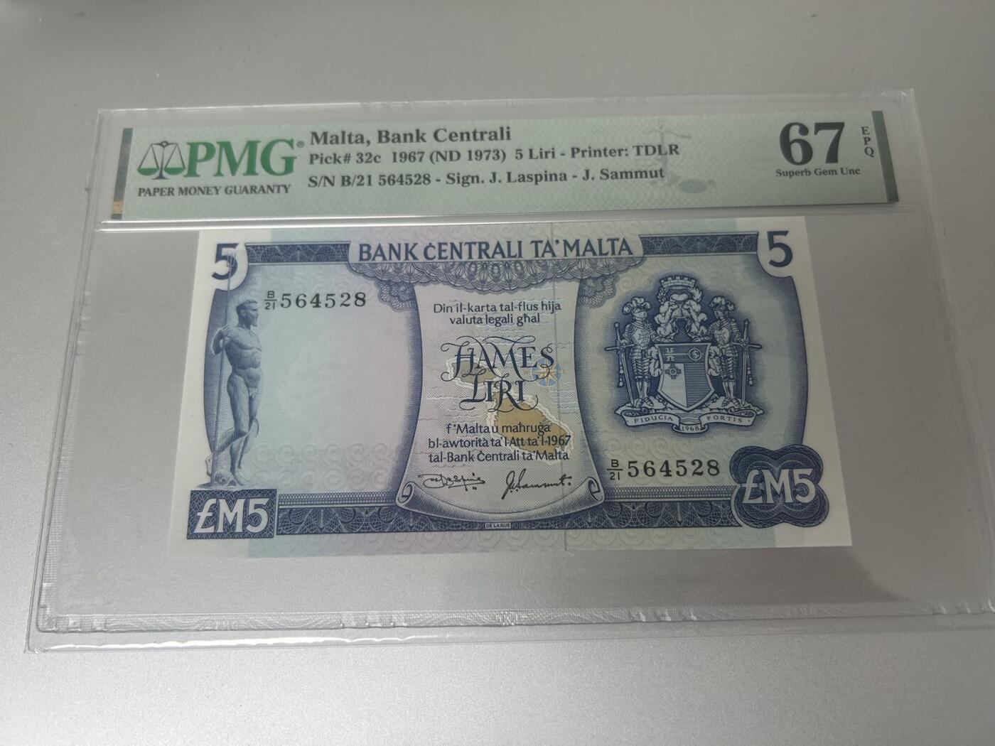 收藏联盟Quantum Auction 第395期拍卖  马耳他1967 (ND 1973)年5里拉 PMG67 c版冠军分  德纳罗彩背