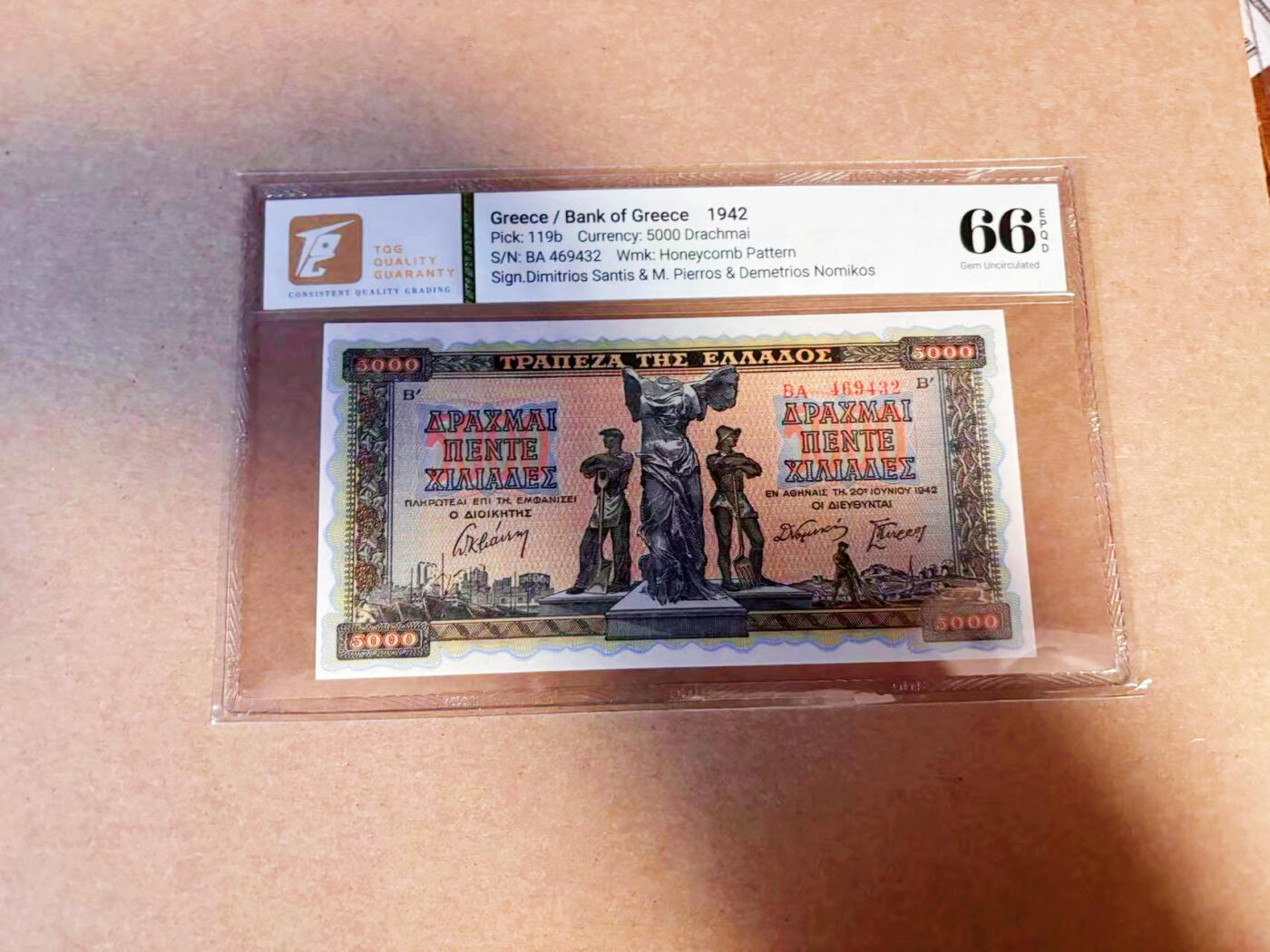 【Blue Auction】✨世界纸币精拍第586期【精】 希腊 1942年5000德拉科马  TQG66EPQ 