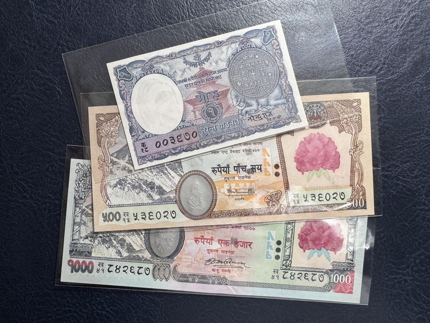 收藏联盟Quantum Auction 第395期拍卖  尼泊尔2008年大红花版500和1000卢比以及1951年1摩赫鲁卢比 品相UNC 1卢比有针孔 