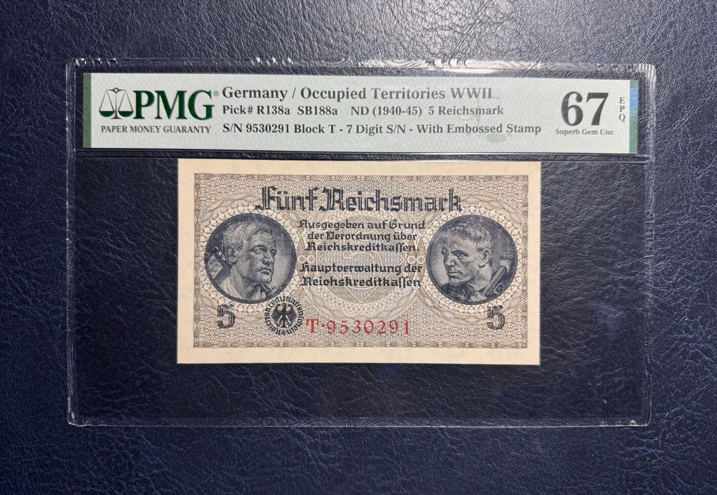 收藏联盟Quantum Auction 第395期拍卖  德国1940-45年5马克 PMG67 号码无47