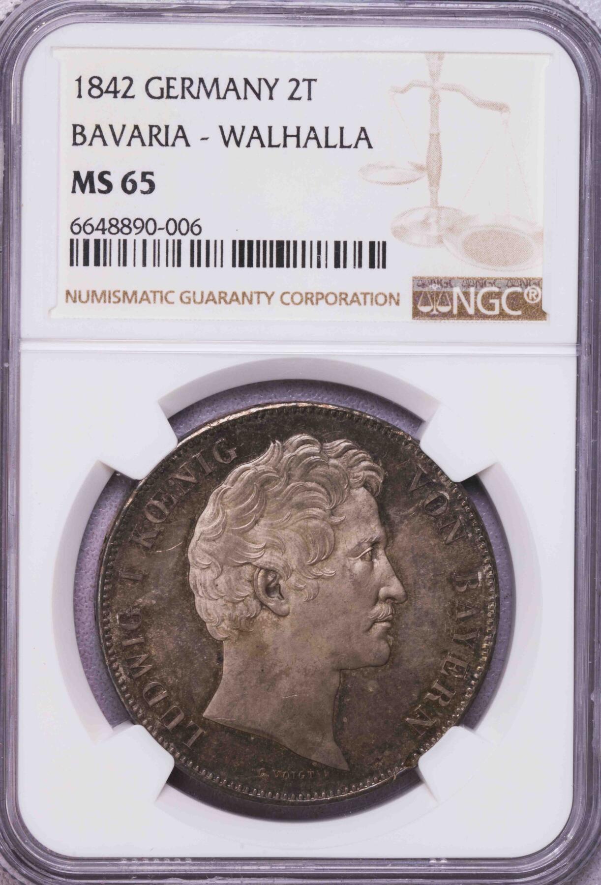 NGC-MS65 1842巴伐利亚瓦哈拉神殿2泰勒大银币 冠军顶级