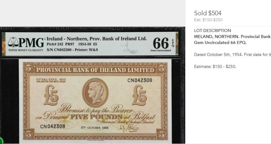 【Blue Auction】✨世界纸币精拍第585期【精】  【444豹子号】北爱尔兰 1954年5镑 PMG66EPQ 