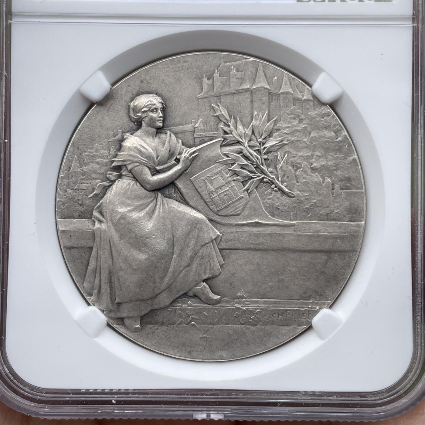 「木头集藏」章牌精品专场！ CH.Pillet～法国工业火灾保险银章 MS63  ，直径：41 mm，名家作品，双面设计。