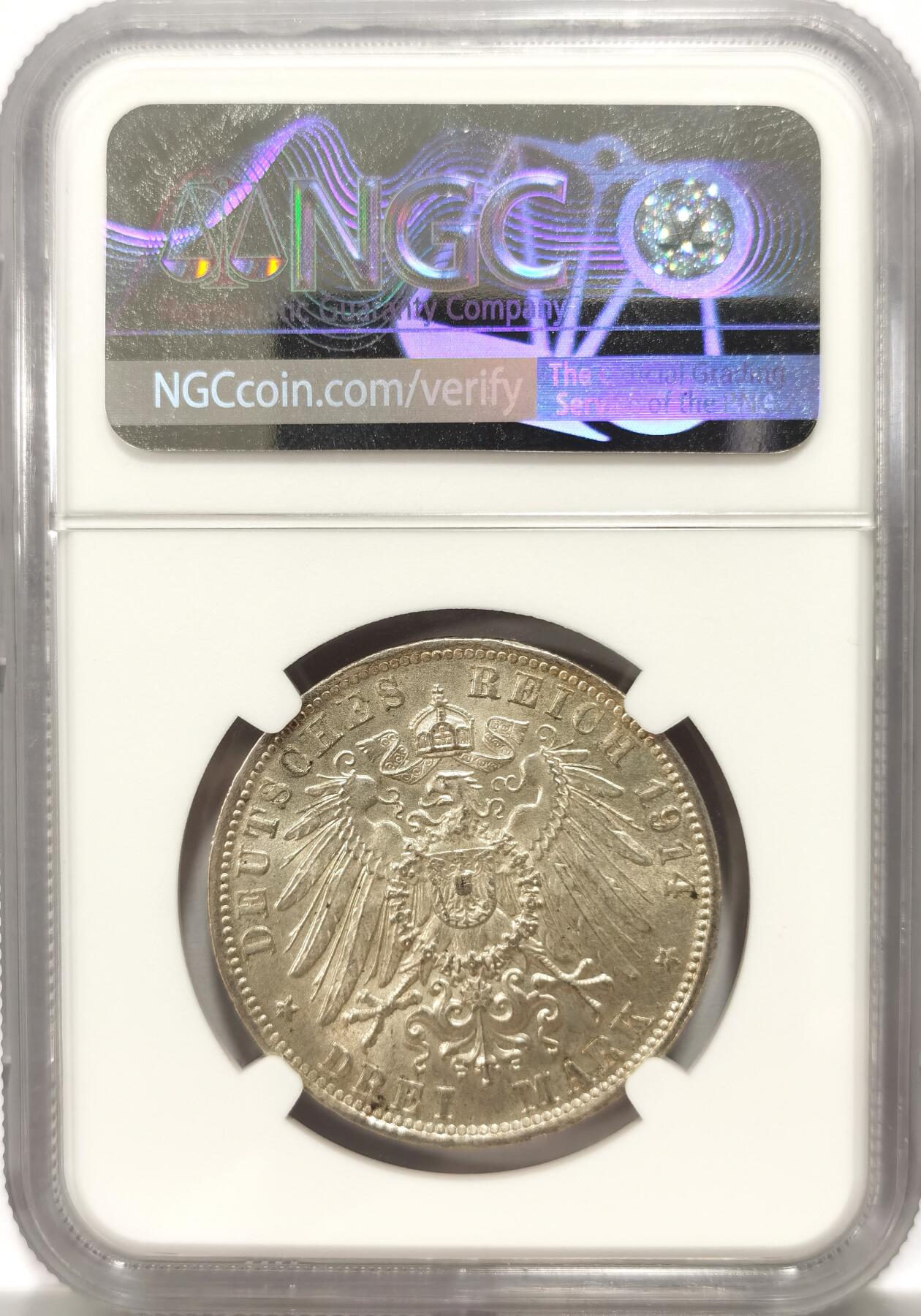 博洋堂世界钱币拍卖第102期（全场包邮） NGC MS63 德国巴伐利亚1914年路德维希二世3马克银币