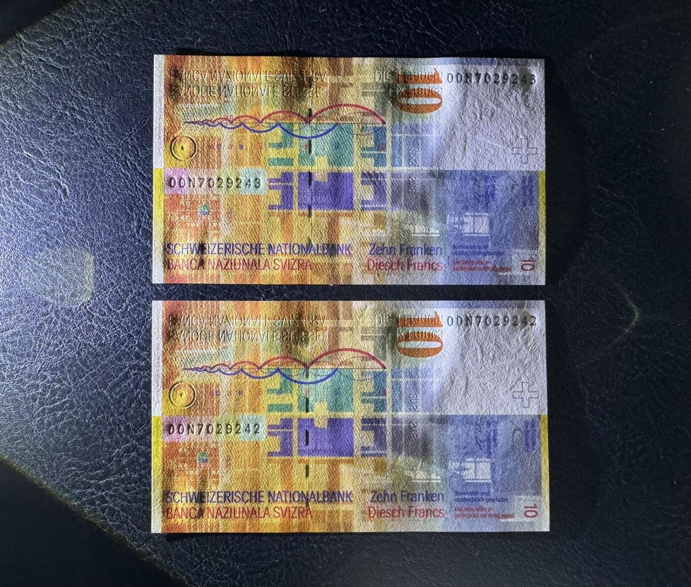 收藏联盟Quantum Auction 第395期拍卖  瑞士联邦2000年10法郎两连号 品相全新UNC