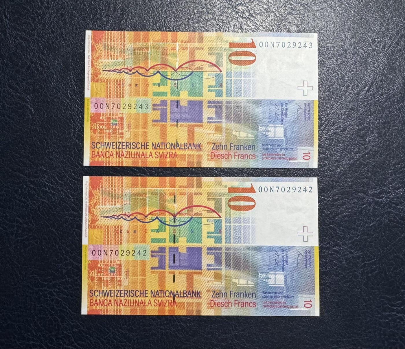 收藏联盟Quantum Auction 第395期拍卖  瑞士联邦2000年10法郎两连号 品相全新UNC