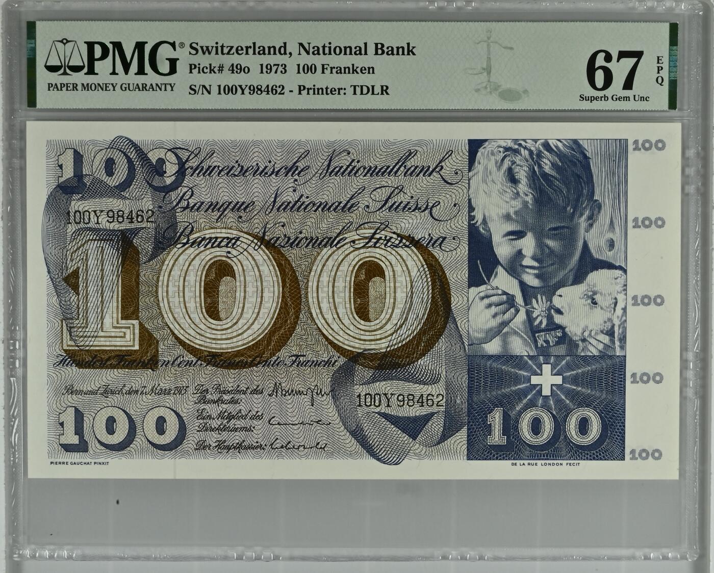 收藏联盟Quantum Auction 第395期拍卖  瑞士联邦1973年100法郎 PMG67 圣马丁割袍