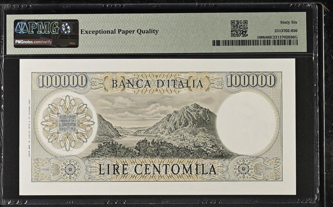 收藏联盟Quantum Auction 第395期拍卖   意大利1970年100000里拉 PMG66 号码无347 