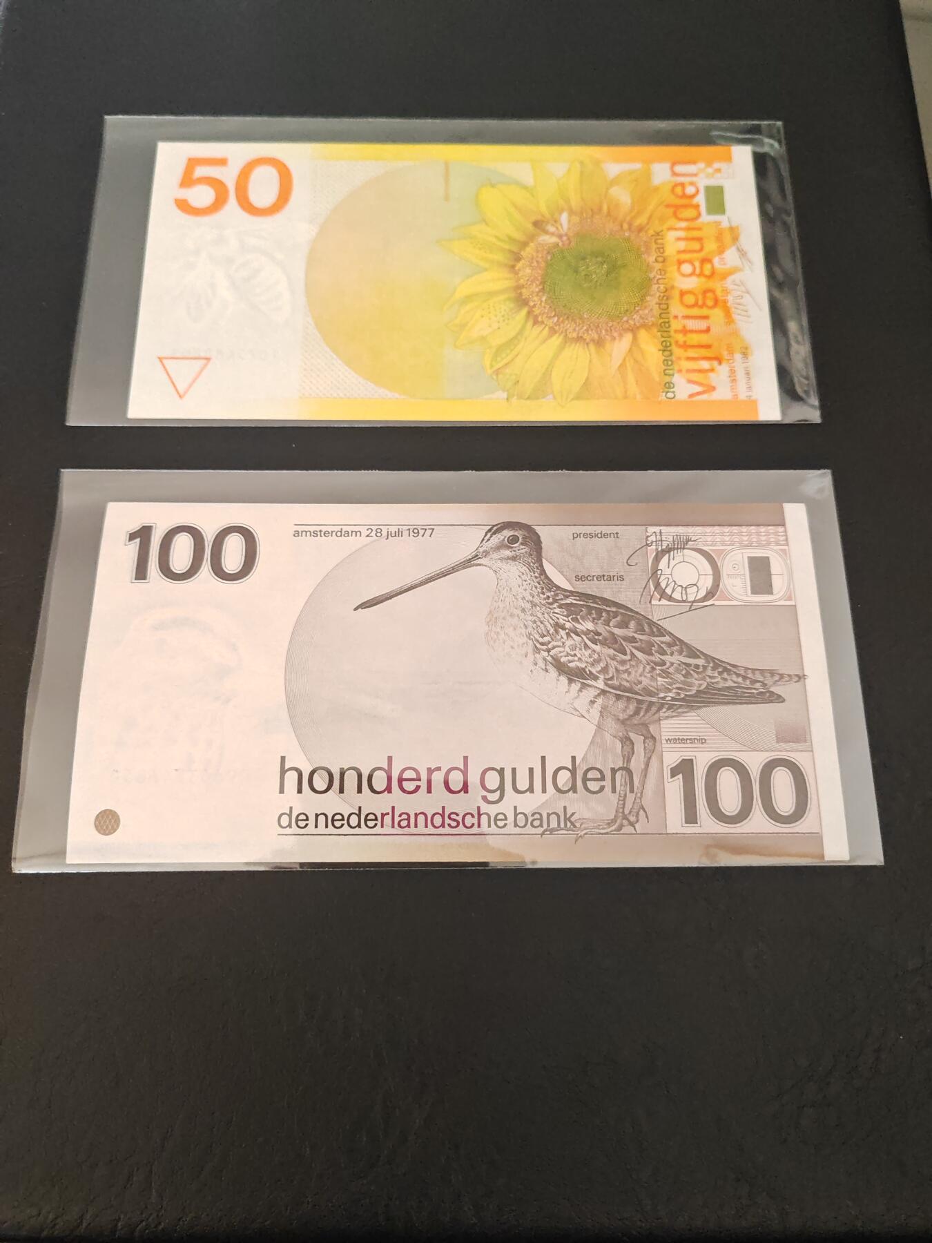 荷兰纸币 1977-1982年 50盾-100盾 向日葵 水鸟 近新美品 两张价 荷兰纸币 1977-1982年 50盾-100盾 向日葵 水鸟 近新美品 两张价