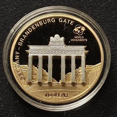 库克群岛2009年1元布兰登堡门镀金银可立体精制纪念币-含证书