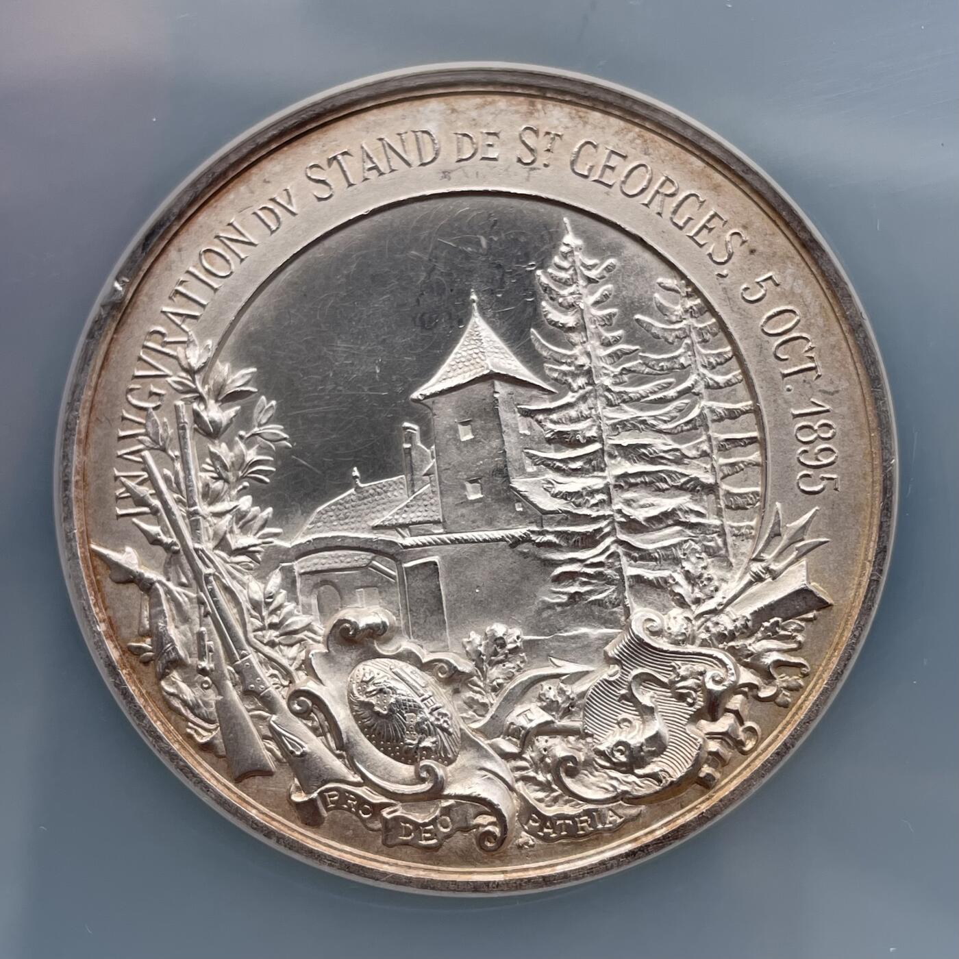 「木头集藏」章牌精品专场！ Bovy～1895年瑞士日内瓦圣乔治射击场落成UNC Details，直径：47mm，46g，大尺寸的射击节银章，发行量仅210枚！