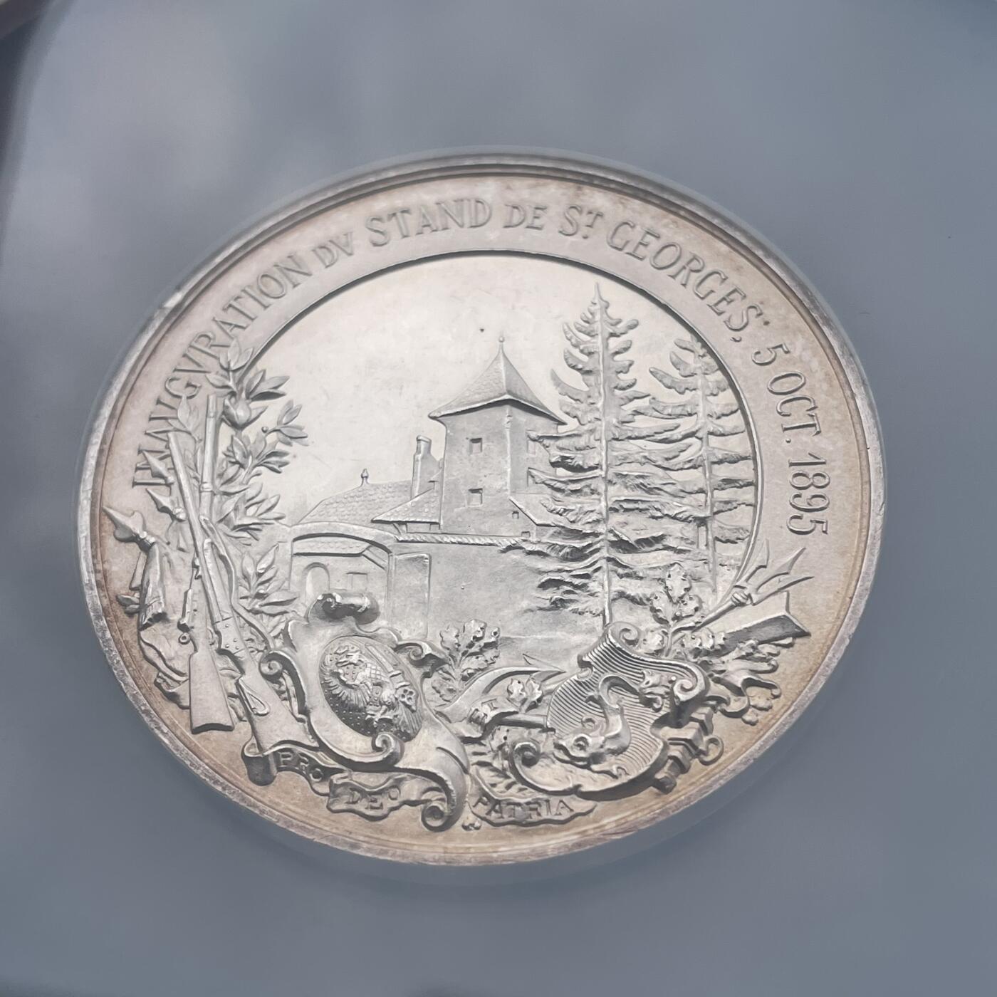 「木头集藏」章牌精品专场！ Bovy～1895年瑞士日内瓦圣乔治射击场落成UNC Details，直径：47mm，46g，大尺寸的射击节银章，发行量仅210枚！