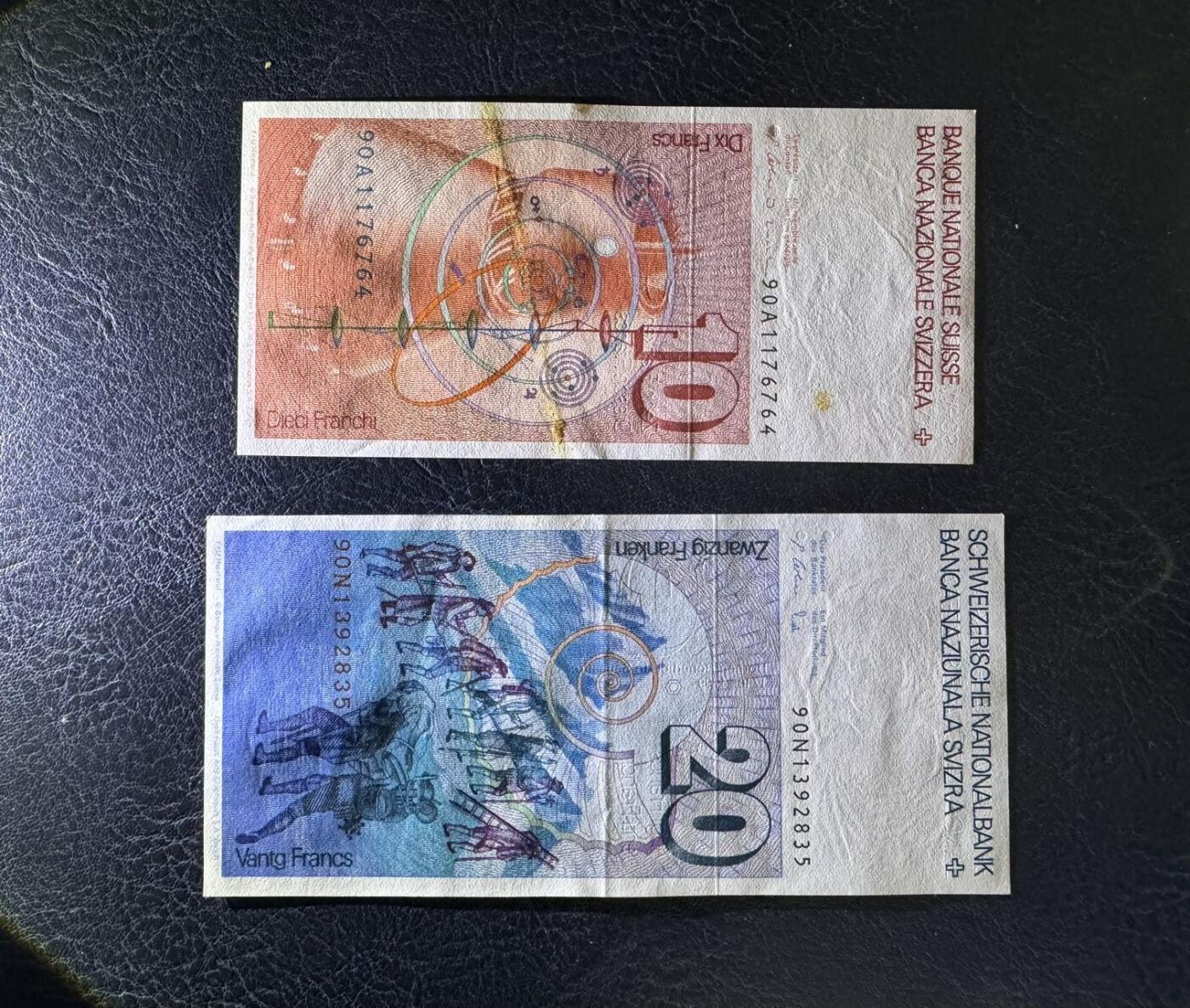 收藏联盟Quantum Auction 第395期拍卖  瑞士1990年10法郎首发A冠和1990年20法郎 品相AU